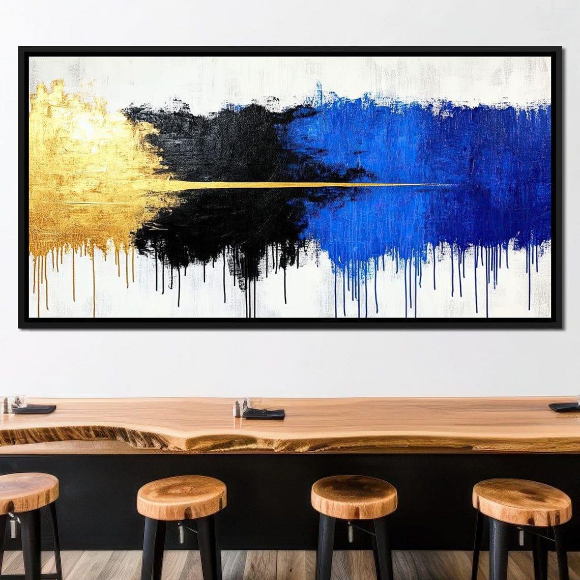 Gold Black Blue Abstract Dripping Paint Horizontal Canvas Poster - Image 2