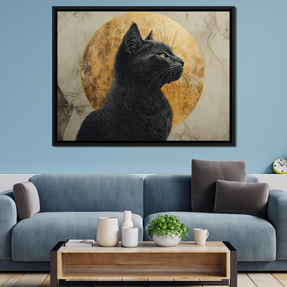Black Cat Profile Golden Moon Halo Mystical Feline Portrait Wall Art Poster - Image 2