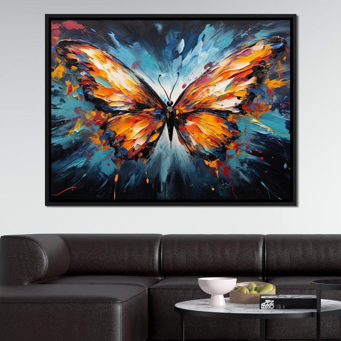 Orange Teal Butterfly Abstract Five Panel Canvas Modern Nature Print - Image 4