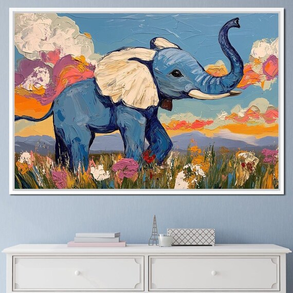 Baby Elephant Wildflower Field Sunset Trunk Raised Impasto Art Poster