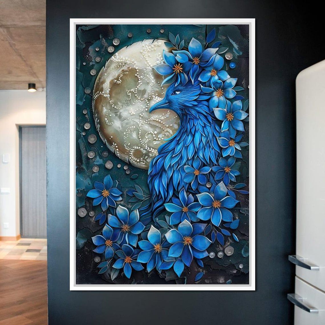 Blue Bird Moonlit Blossoms Night Full Moon Floral Celestial Poster