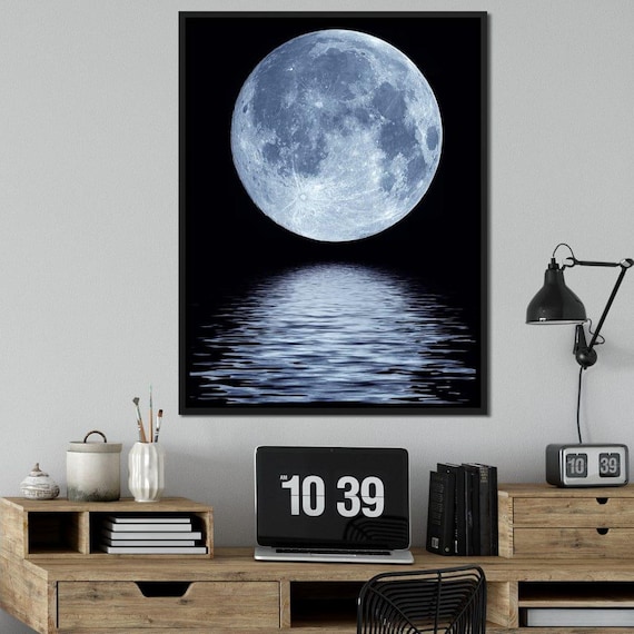 Full Moon Reflection Over Calm Water Night Sky Lunar Serene Art Poster