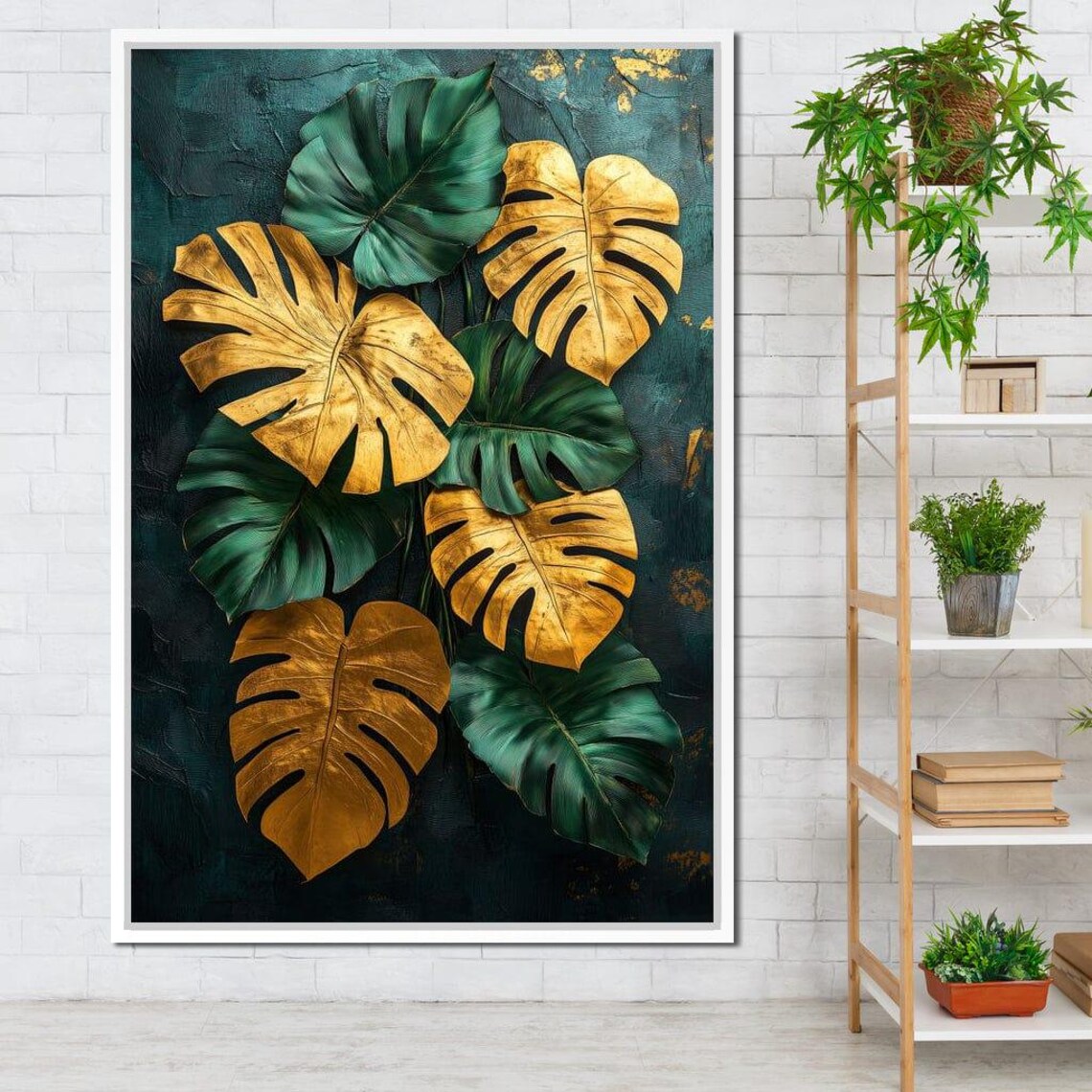 Golden Green Monstera Leaves Dark Botanical Elegant Modern Poster - Image 3