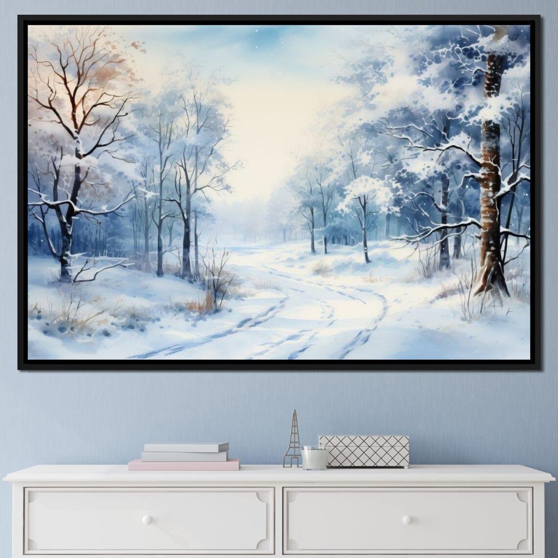 Sunlit Snowy Forest Winter Wonderland Watercolor Scenic Art Poster - Image 3