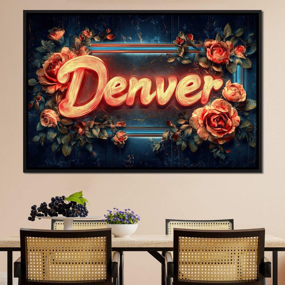 Denver Neon Sign Red Roses Floral Script Typography Wall Art - Image 3