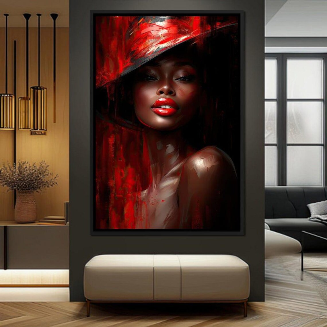 Red Hat Beauty Bold Black Red Glamorous Sultry Portrait Wall Art - Image 3