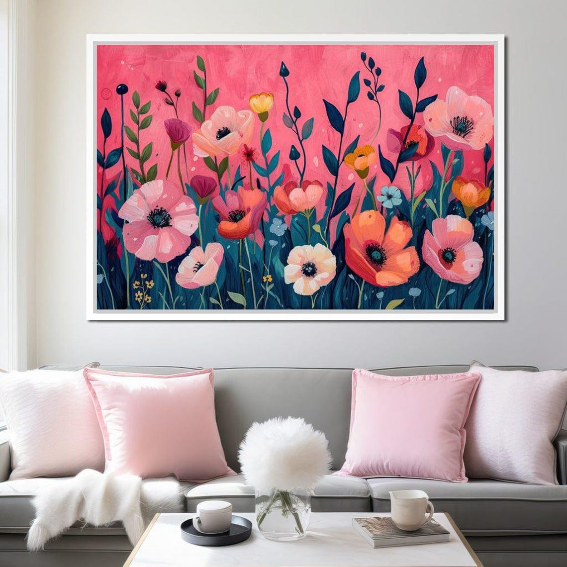 Pink Poppy Meadow Five Panel Floral Canvas Modern Home Wall Art - Image 3