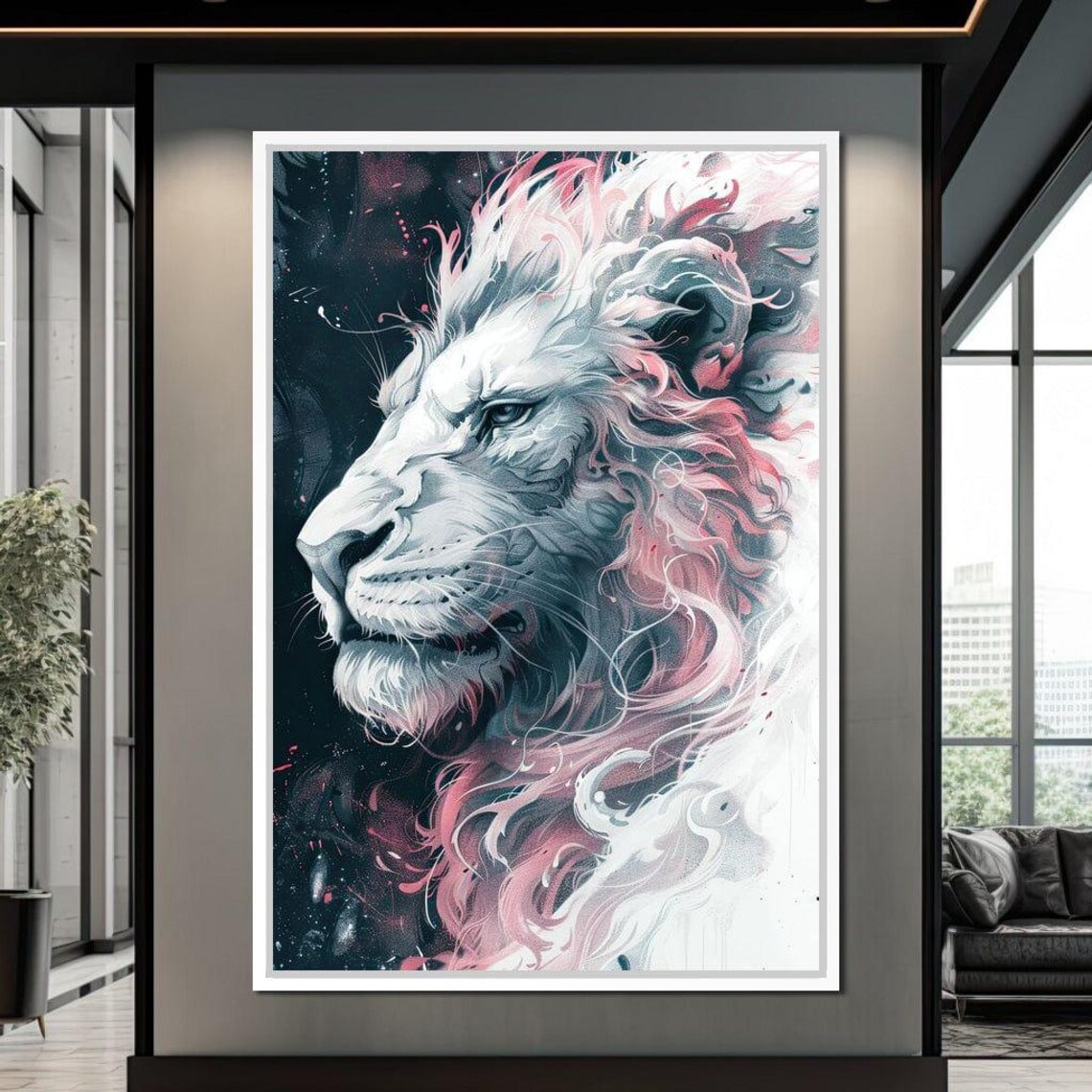 Ethereal White Lion Flowing Pink Mane Dark Fantasy Animal Art Poster - Image 3