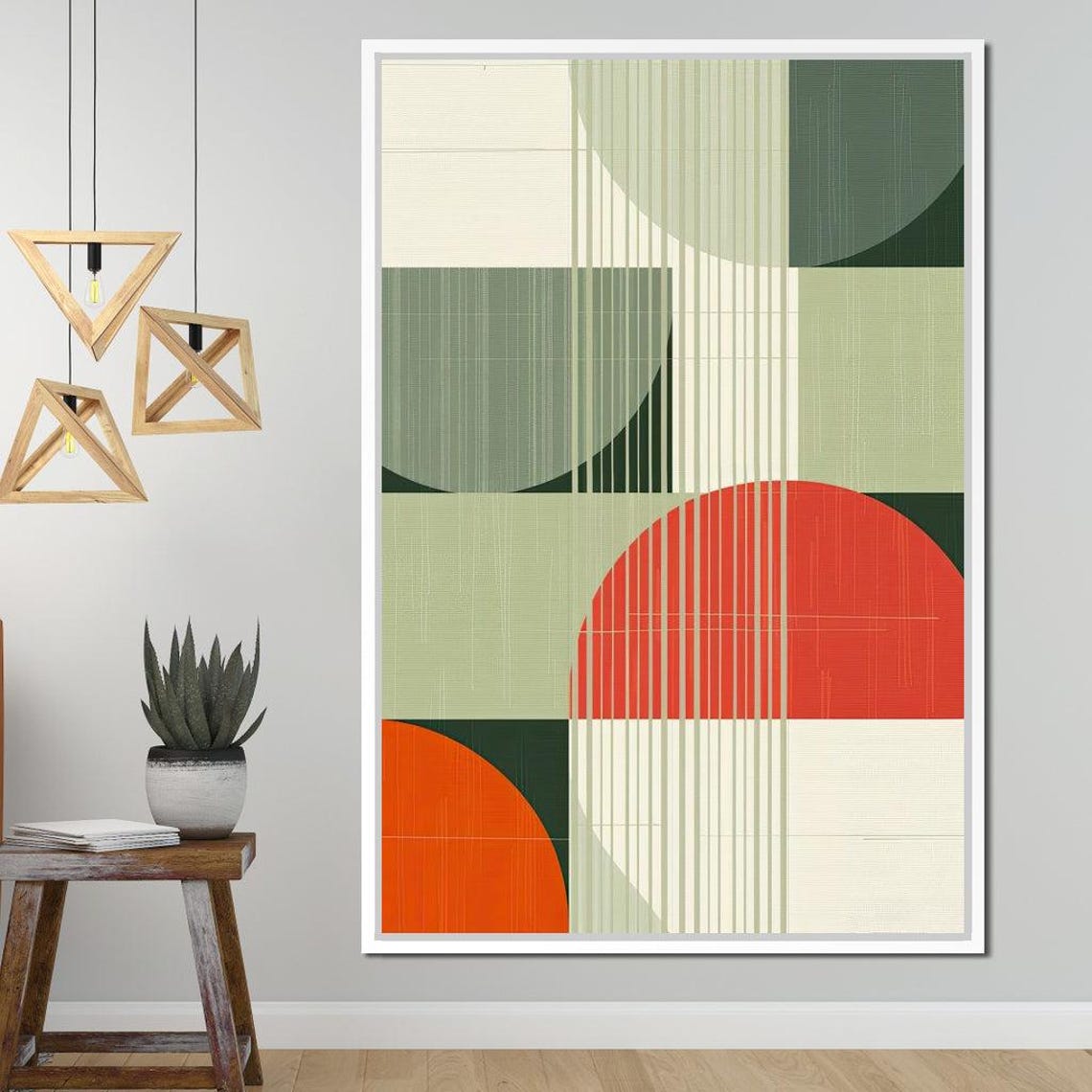 Mid Century Geometric Abstract Green Orange Circles Retro Wall Art - Image 3