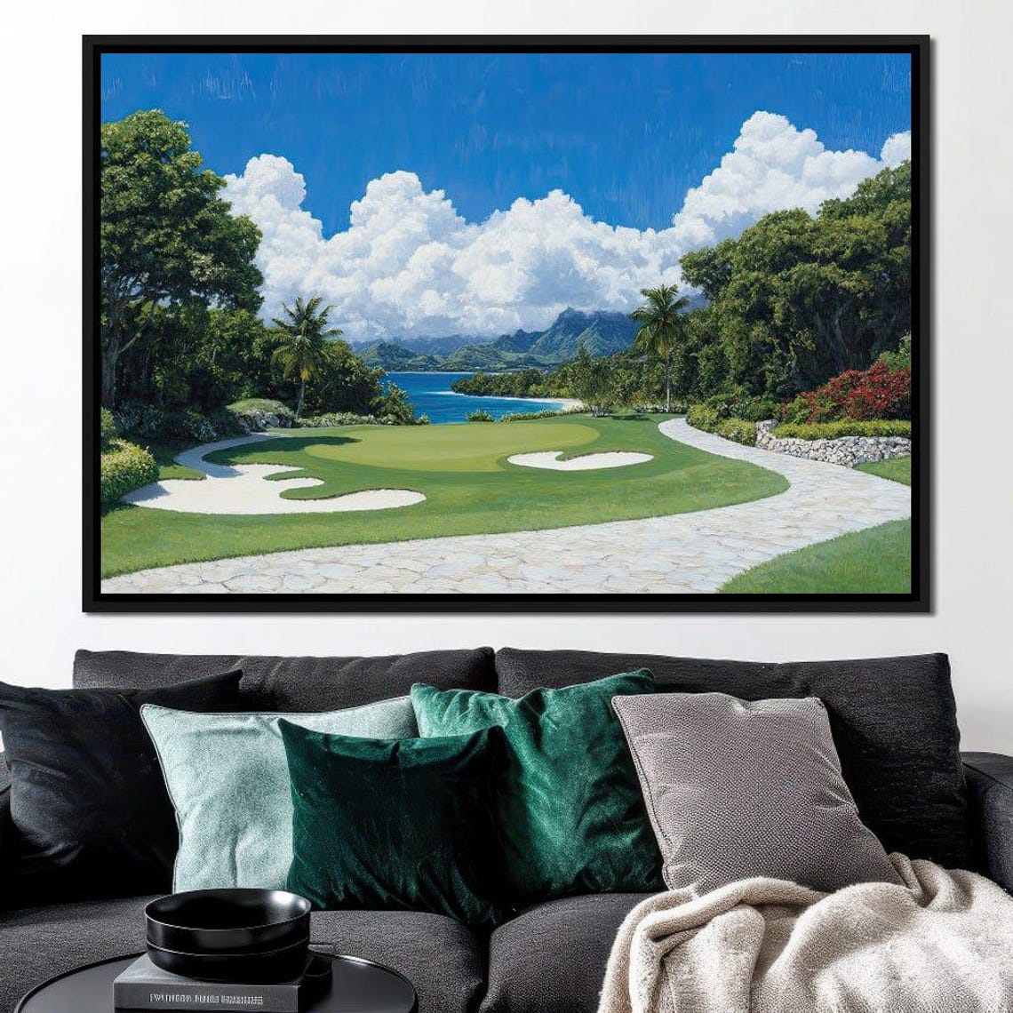Lush Tropical Golf Course By The Ocean Under White Clouds Poster