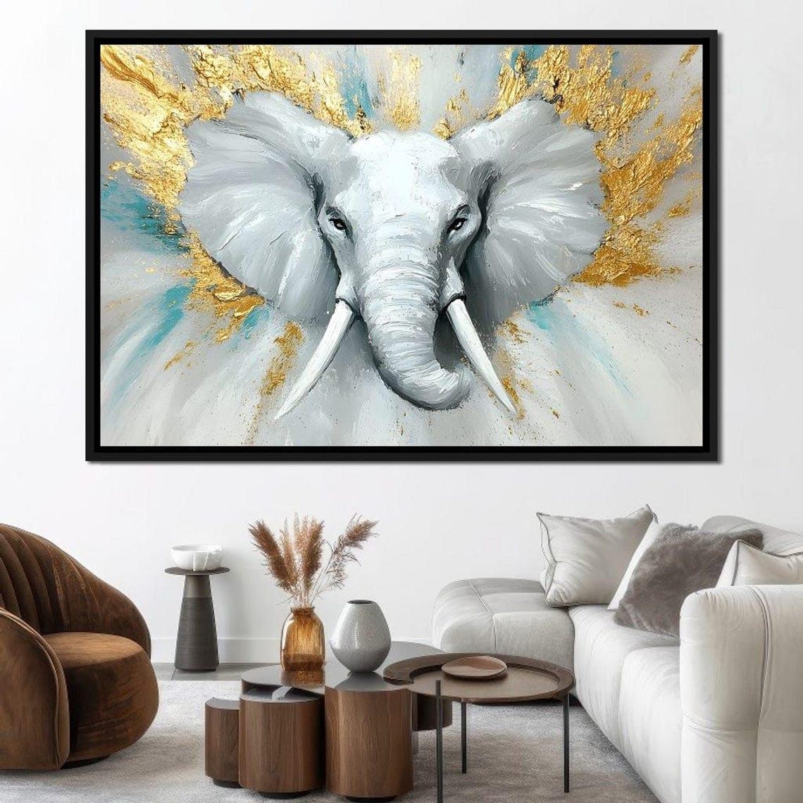 Soft Gray Elephant Head with Gold Leaf on White Framed Poster - Image 2