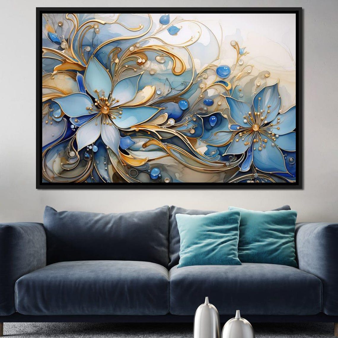 Luminous Blue Gold Abstract Floral Five Panel Canvas Wall Art Poster - Image 3