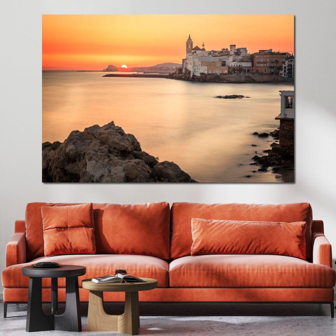 Mediterranean Old Town Sunset Over Calm Sea Rocky Coast Travel Poster - Image 3