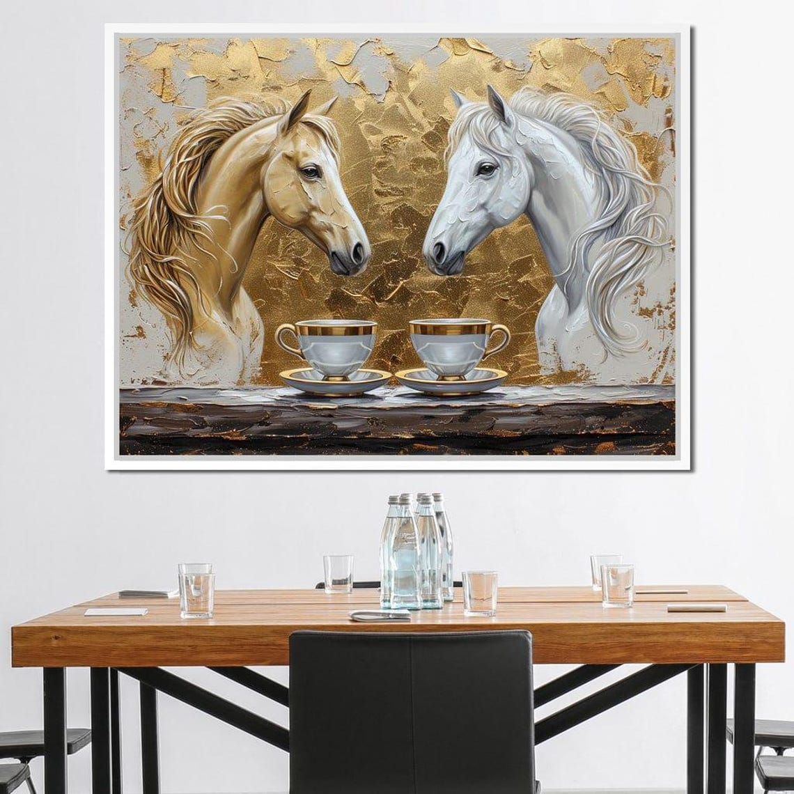 Two Horses Gold Teacups Golden Leaf Elegant Equestrian Art Poster - Image 2