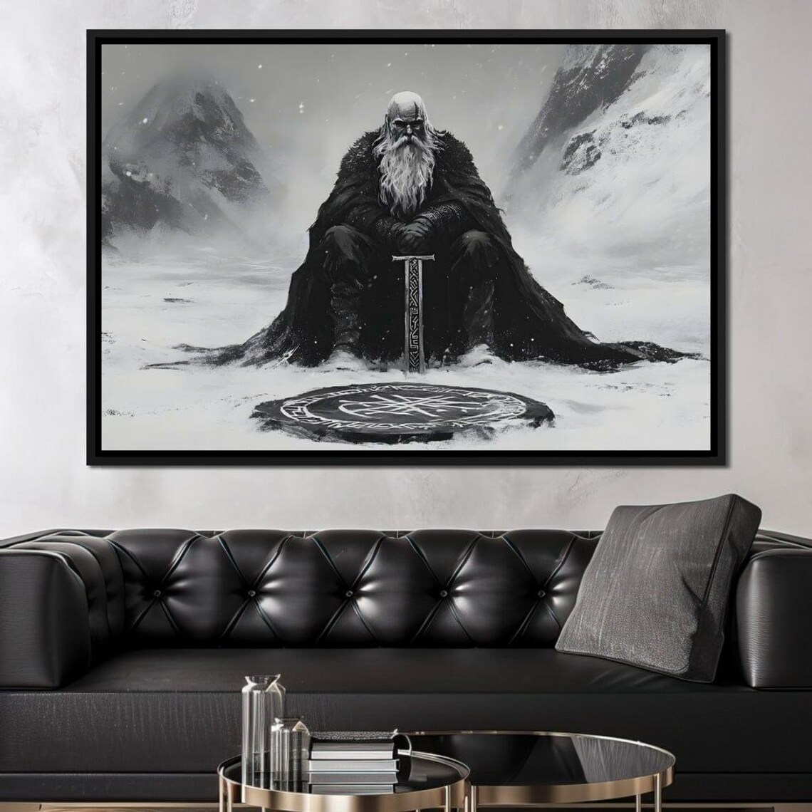 Ancient Nordic Vigilance Viking Warrior, Monochrome Art Print - Image 2