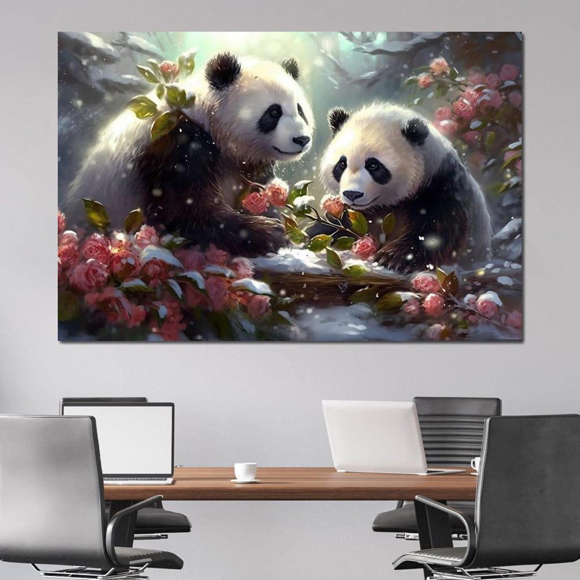 Cute Pandas Winter Blossoms Five Piece Split Canvas Kids Room Poster - Image 2
