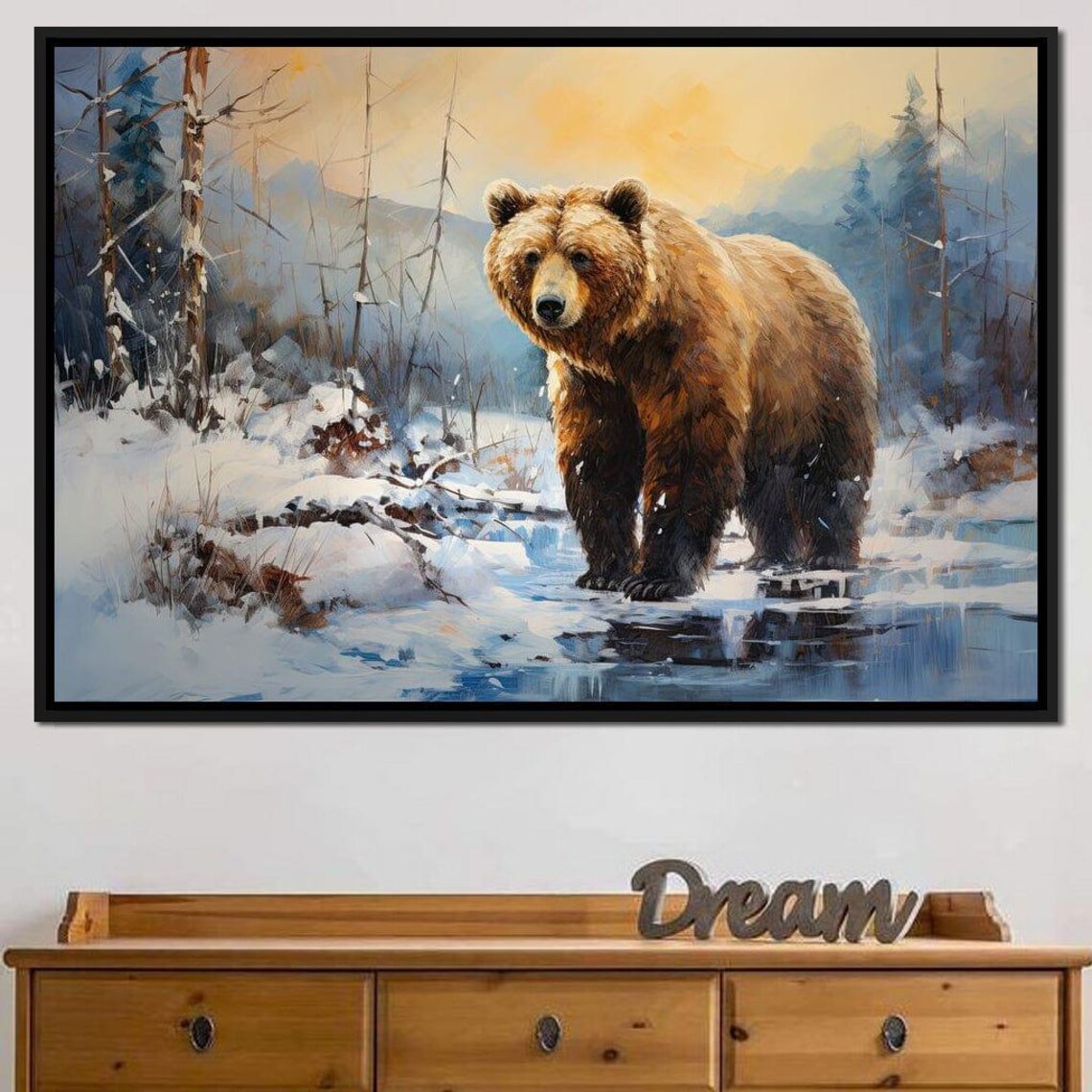 Grizzly Bear Snowy Winter River Wilderness Wildlife Painting Wall Art Poster - Image 4