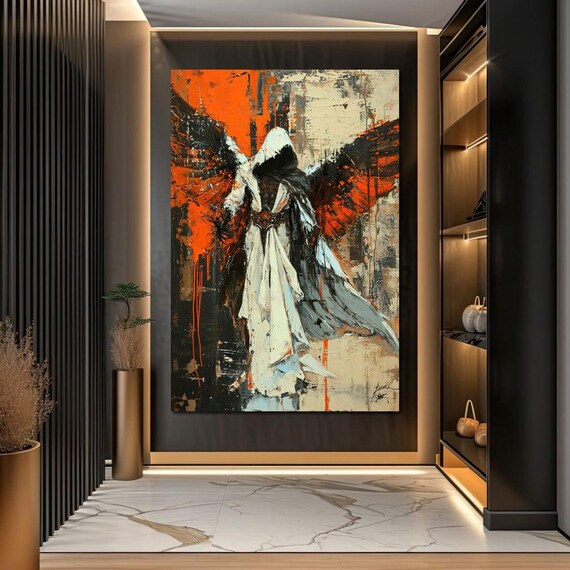 Dark Hooded Angel Black Wings Orange Abyss Fantasy Art Poster