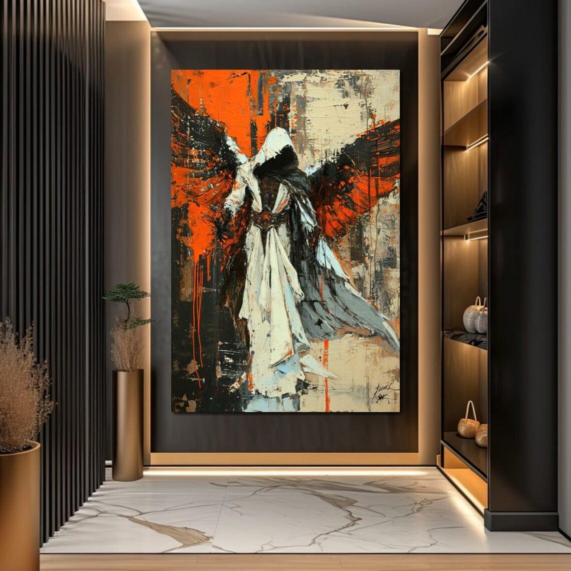 Dark Hooded Angel Black Wings Orange Abyss Fantasy Art Poster