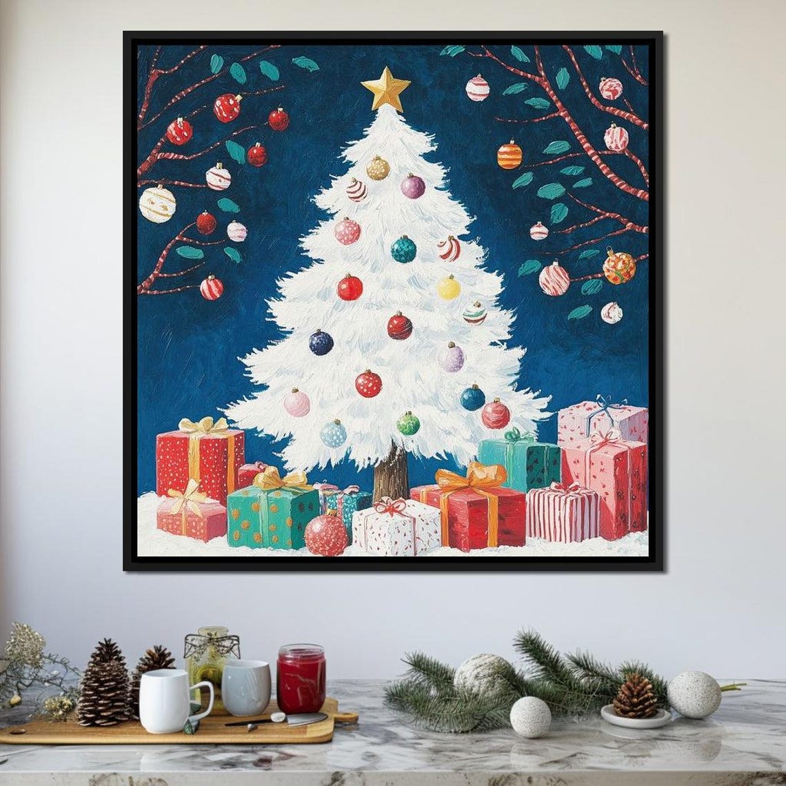 White Christmas Tree With Colorful Ornaments Gifts Holiday Poster - Image 3