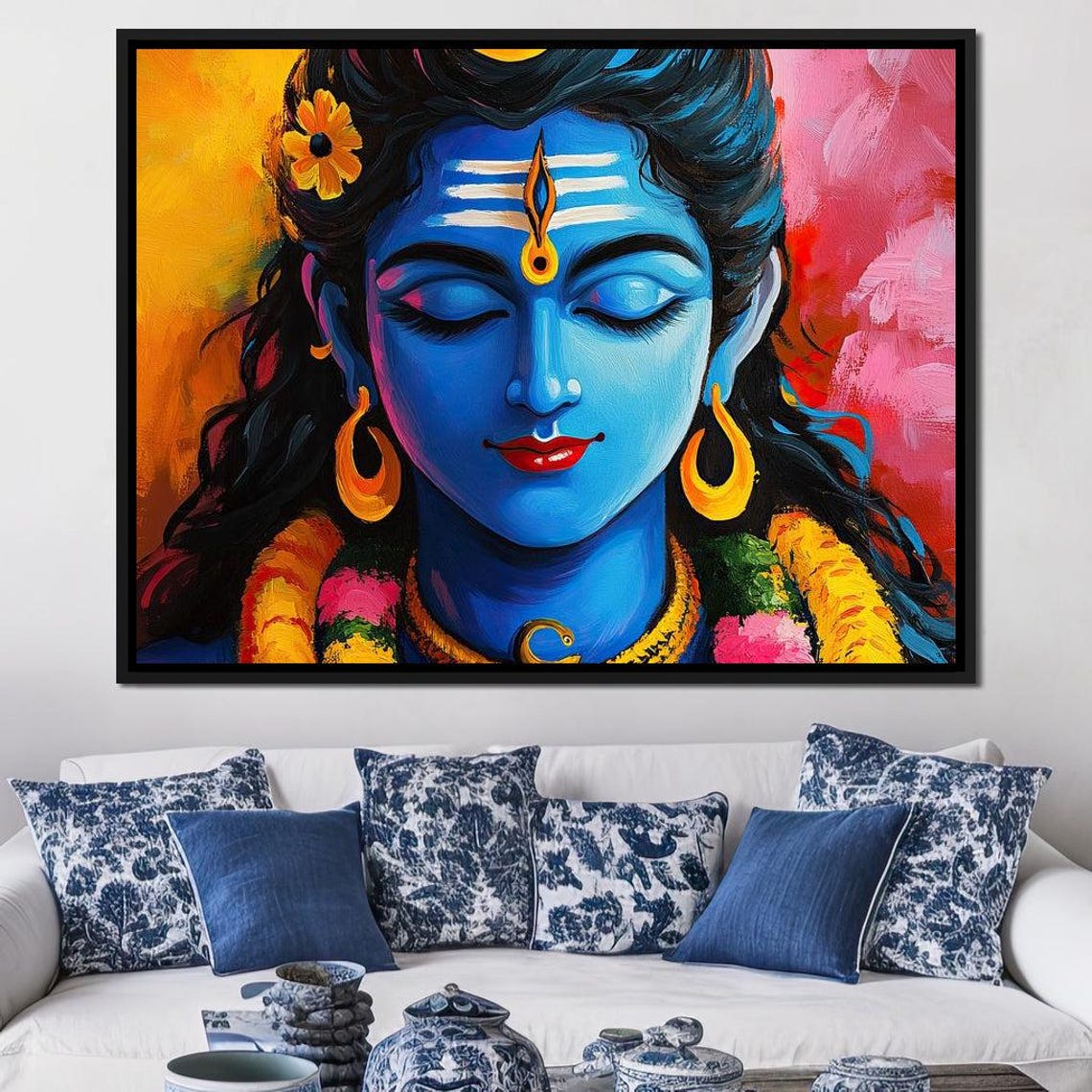 Meditating Krishna Blue Deity Flower Garlands Vibrant Hindu Art Poster - Image 4