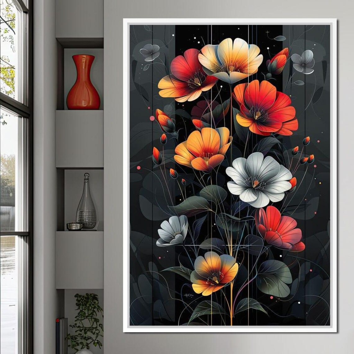 Moonlit Poppies Vibrant Red Orange Floral Blooms Night Garden Wall Art - Image 3