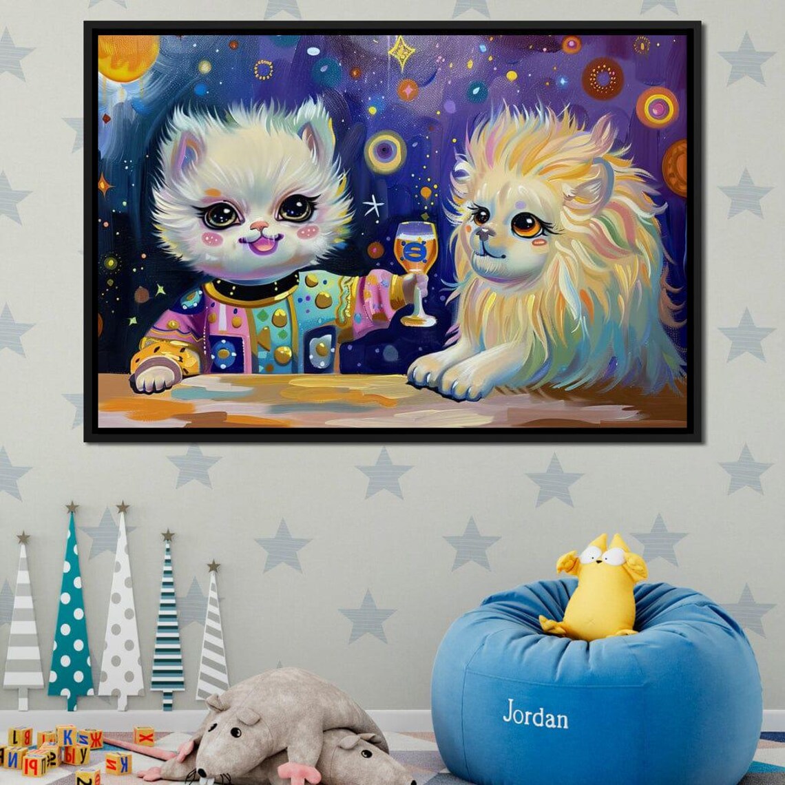 Whimsical Kitten And Lion Toast Starry Night Kids Room Fun Fantasy Wall Poster - Image 2