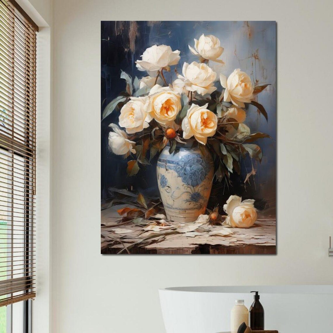 Cream White Roses Blue Vase Moody Classic Still Life Floral Poster - Image 4