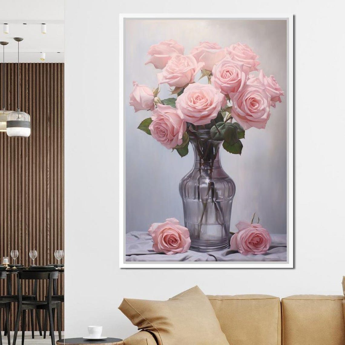 Pink Roses Glass Vase Romantic Floral Still Life Elegant Wall Art - Image 2