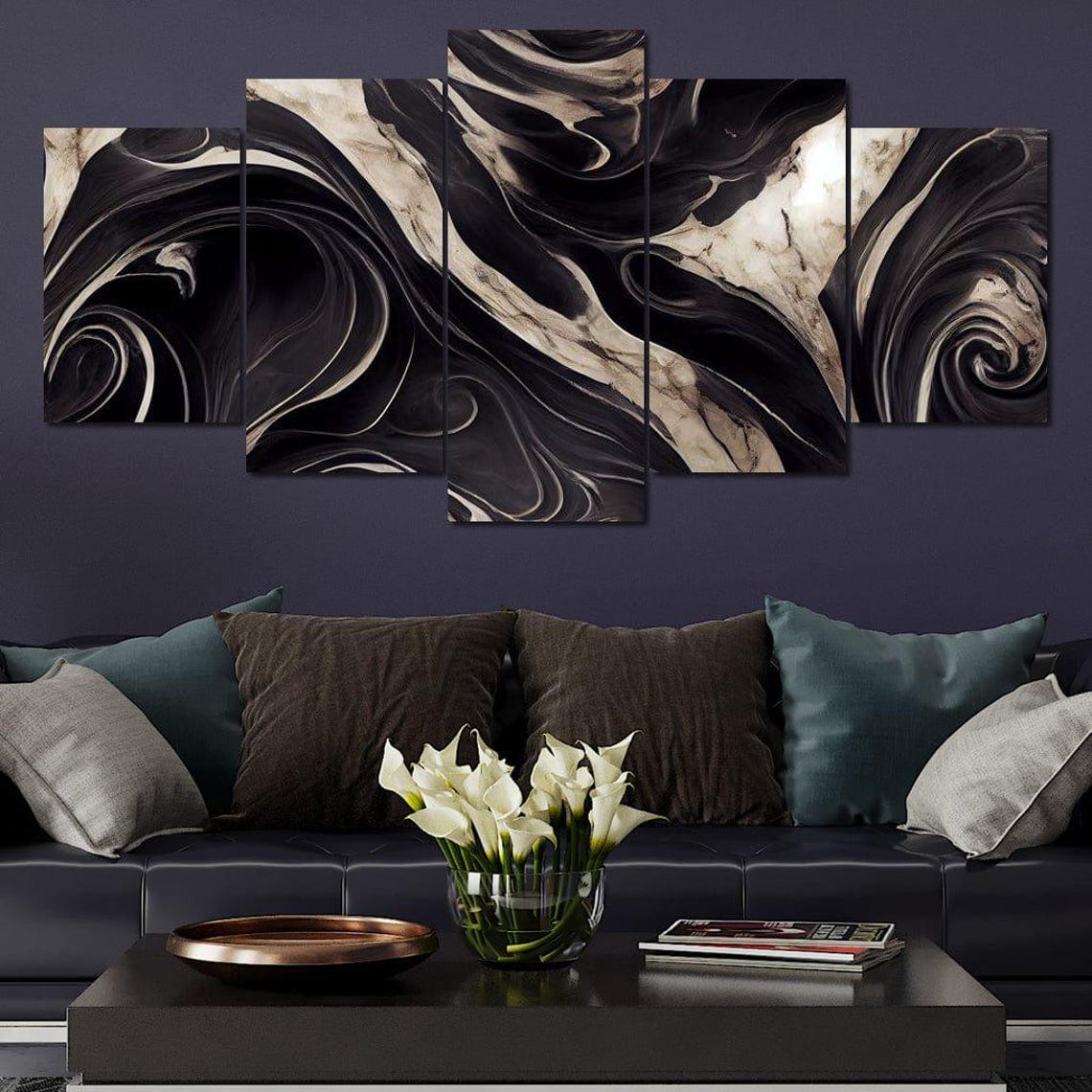 Black White Monochrome Marble Waves Five Panel Abstract Wall Art - Image 2