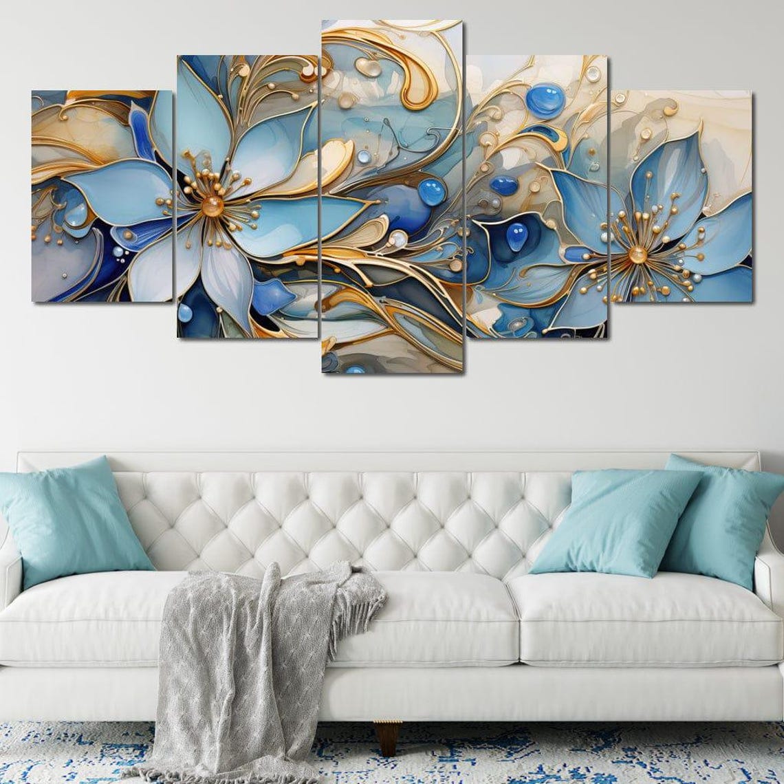 Luminous Blue Gold Abstract Floral Five Panel Canvas Wall Art Poster