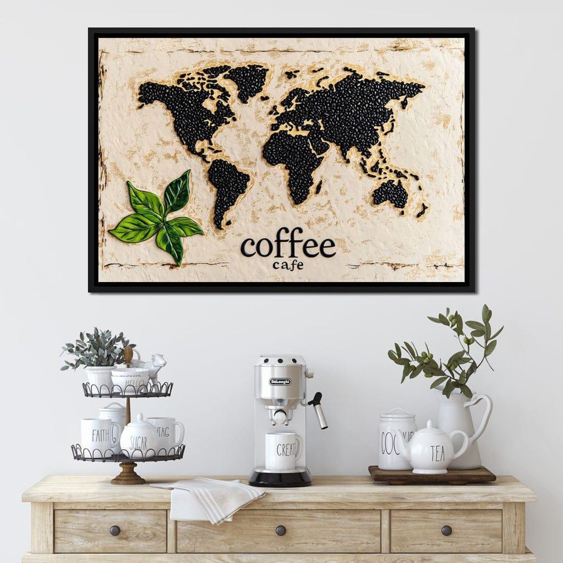 Coffee Cafe World Map Bean Art Cream Parchment Kitchen Wall Poster