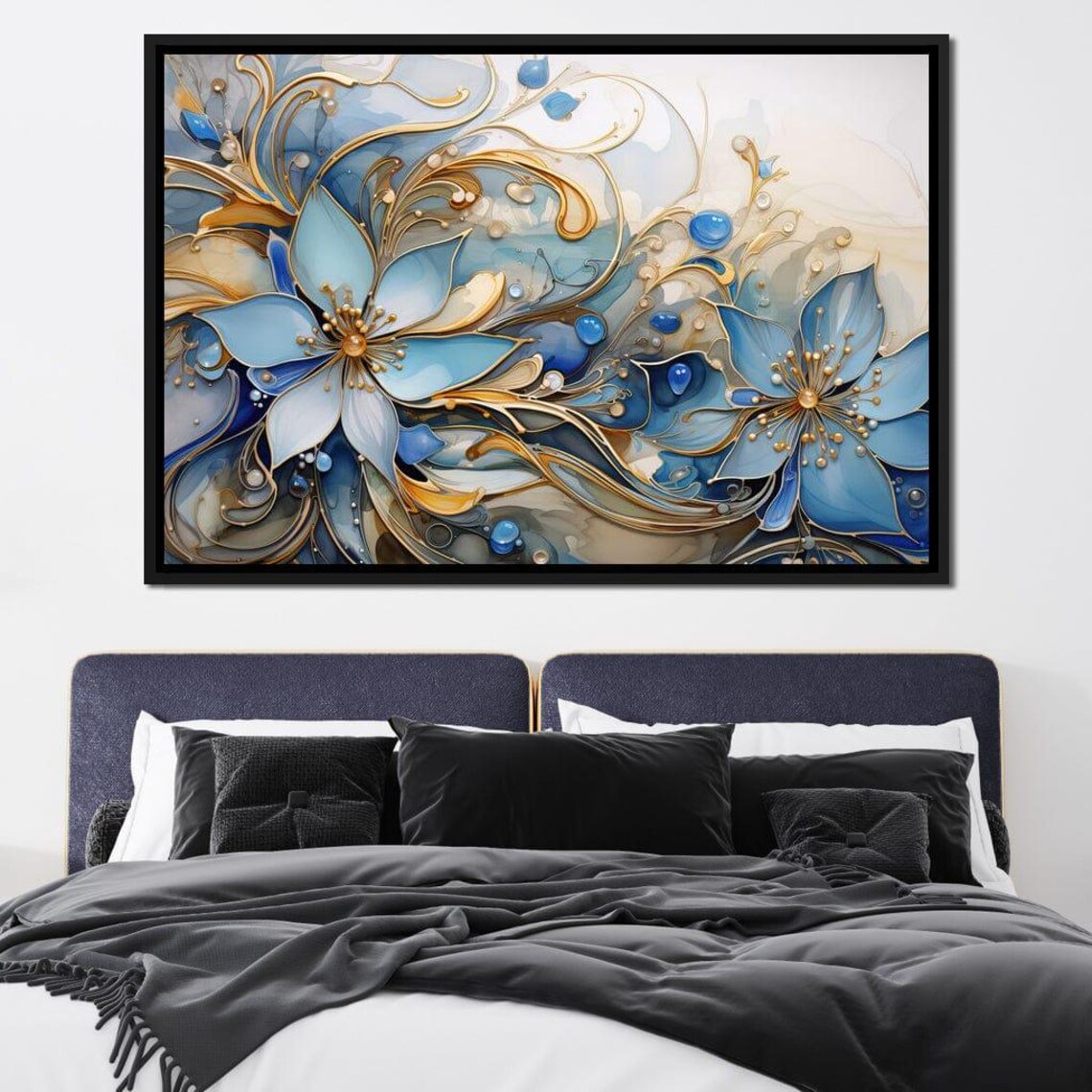 Luminous Blue Gold Abstract Floral Five Panel Canvas Wall Art Poster - Image 2