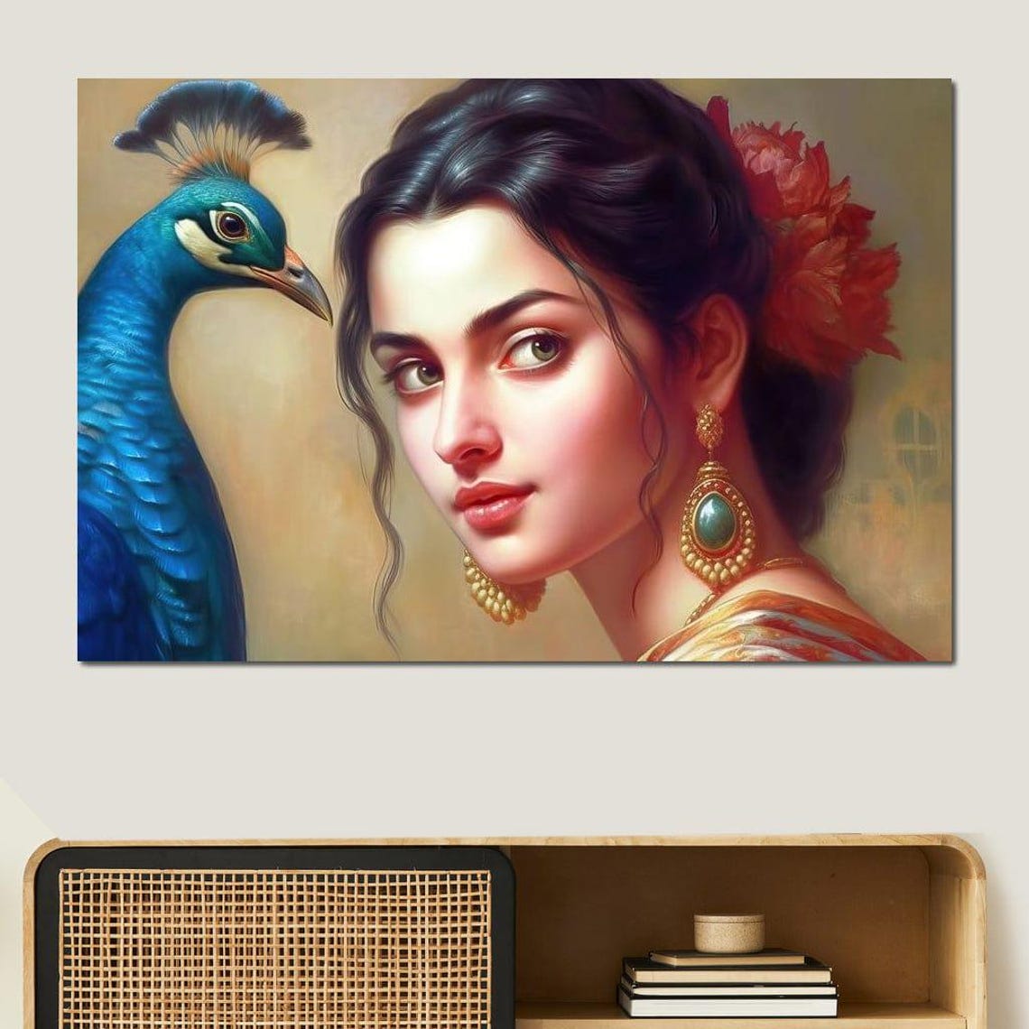 The Story Of The Peacock Feather Hindu Mythology Wall Art Indian Culture Home Decor Elegant Woman Portrait By Nichecanvas - Image 4