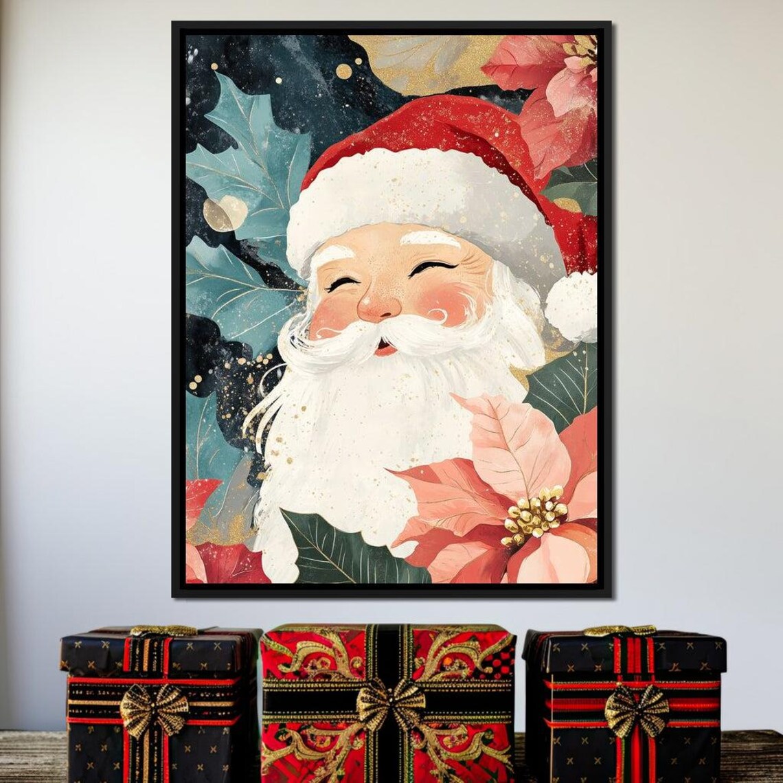 Joyful Santa Claus With Poinsettias And Holly Festive Xmas Poster - Image 4