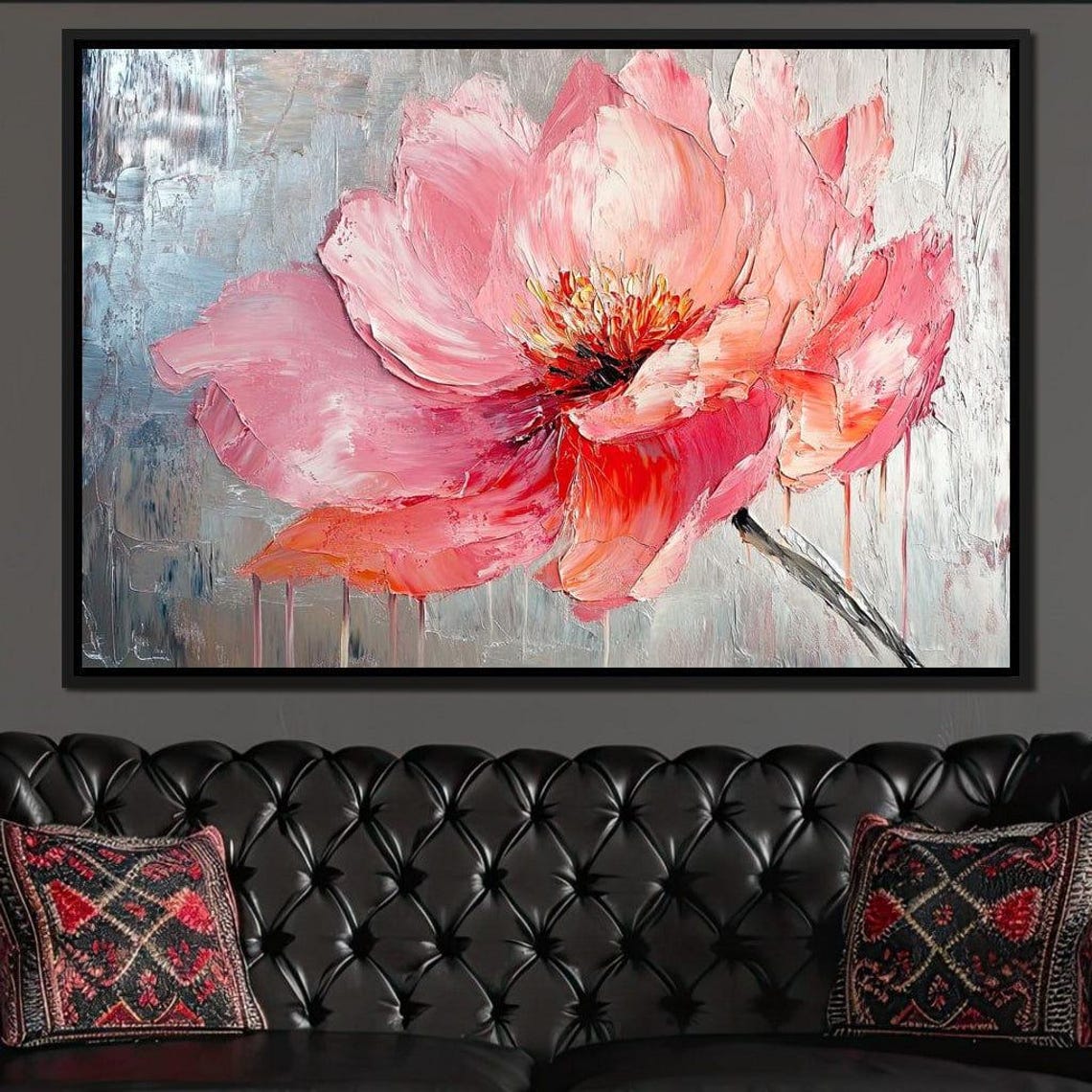 Blush Pink Peony Gray Textured Background Drip Floral Art Print - Image 4