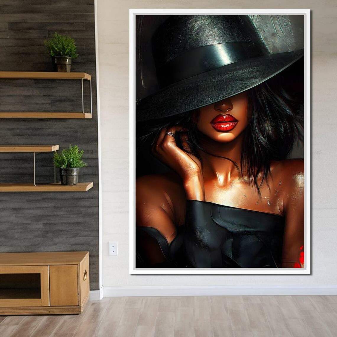 Elegant Woman in Black Hat Red Lips Glamour Fashion Portrait Wall Poster - Image 4