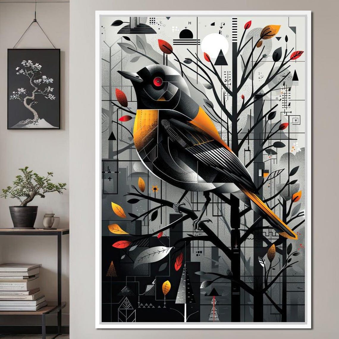 Geometric Songbird Tree Branch Abstract Black Orange Bird Wall Art - Image 3