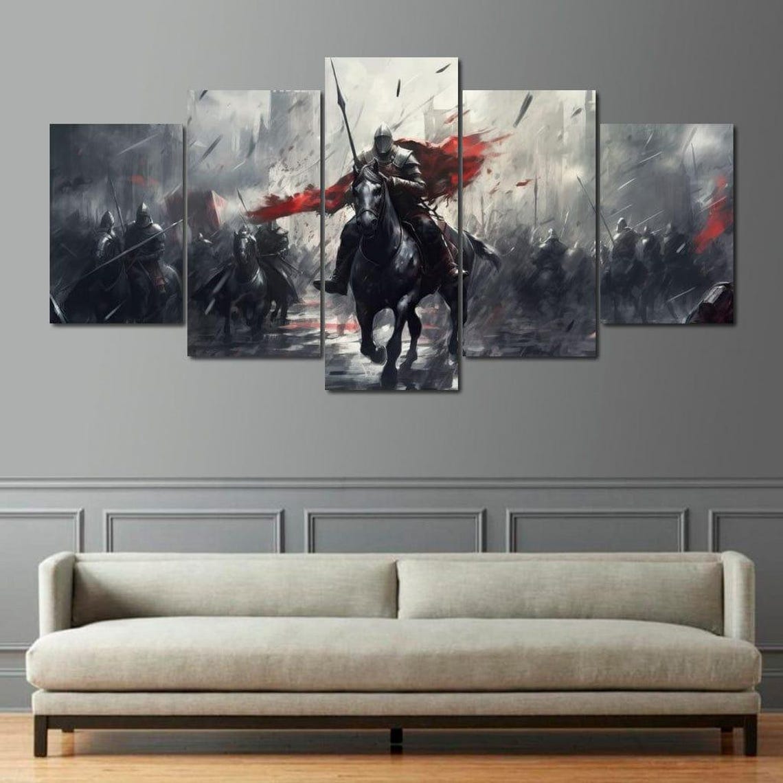 Majestic Warfare Monochrome Knight Horse Red Cape Battle Poster - Image 3