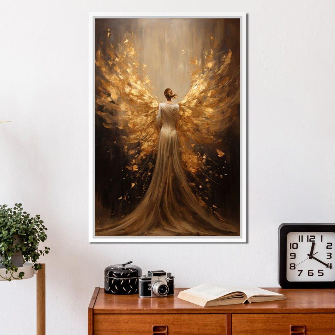 Golden Angel Wings Woman Flowing White Gown Divine Light Art Print - Image 3