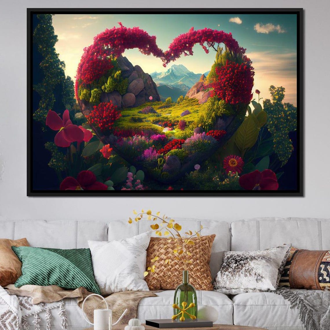 Romantic Heart Shaped Flower Garden Mountain Landscape Art Poster