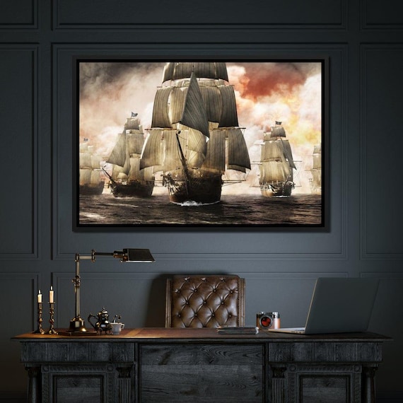 Pirate Fleet Sailing Ship Art Nautical Wall Decor Maritime Adventure Historic Fleet Coastal Art Vintage Sea Battle By Nichecanvas