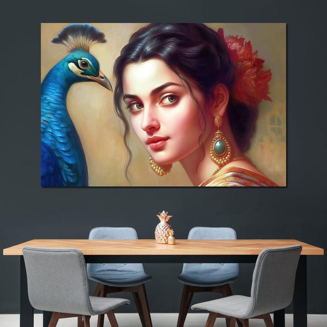 The Story Of The Peacock Feather Hindu Mythology Wall Art Indian Culture Home Decor Elegant Woman Portrait By Nichecanvas - Image 2