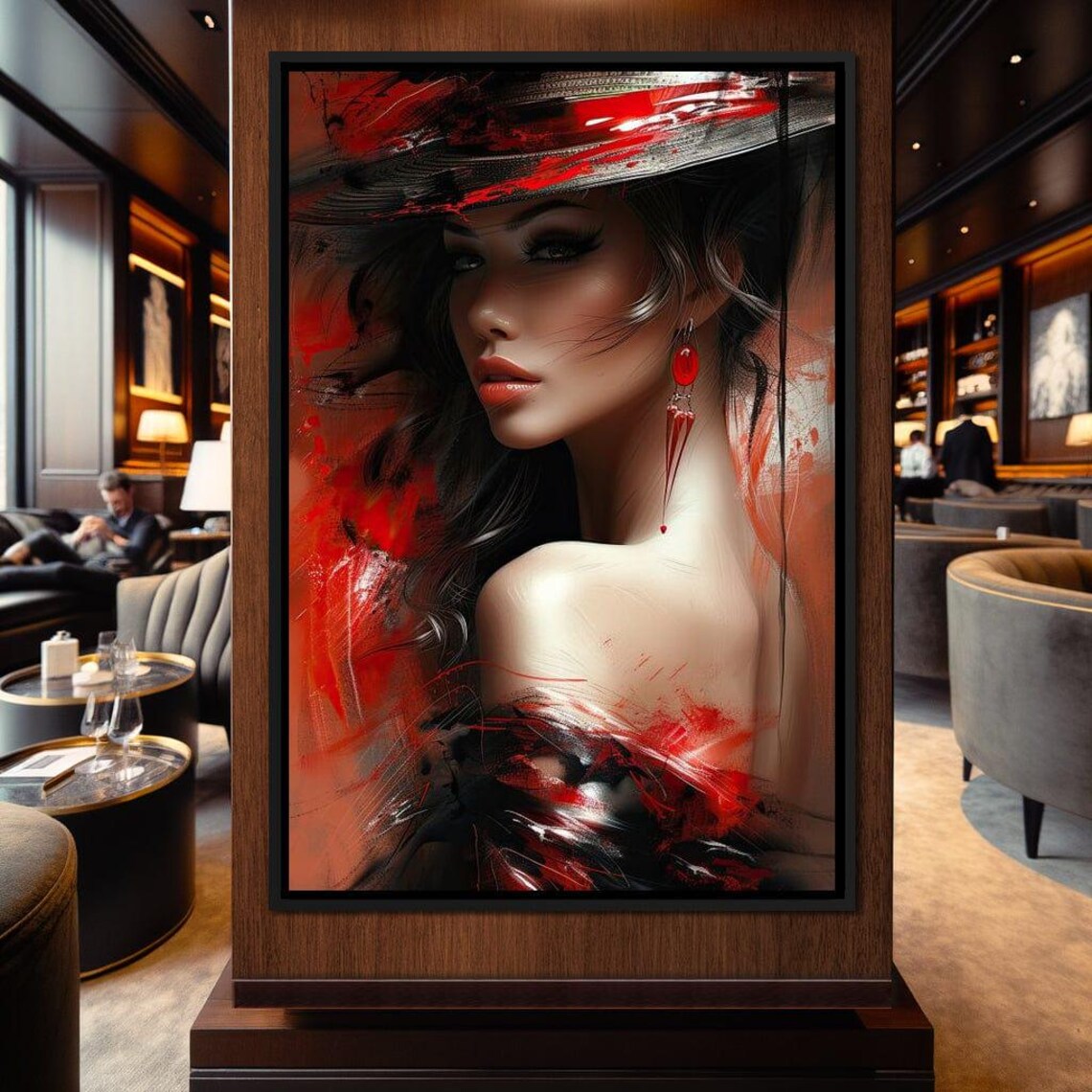 Sultry Woman Red Painted Hat Red Earrings Expressionist Art Print