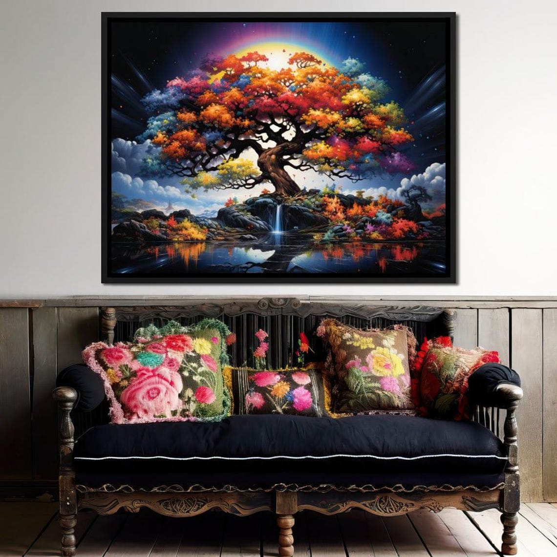 Rainbow Tree Of Life Waterfall Night Sky Five Panel Canvas Wall Art - Image 2