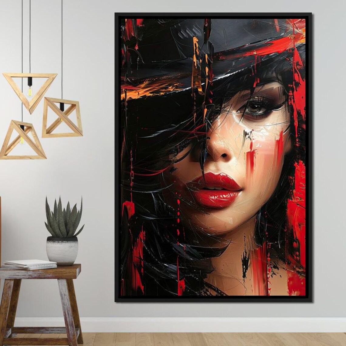 Modern Female Portrait with Big Hat, Red Accents Art Print - Image 4