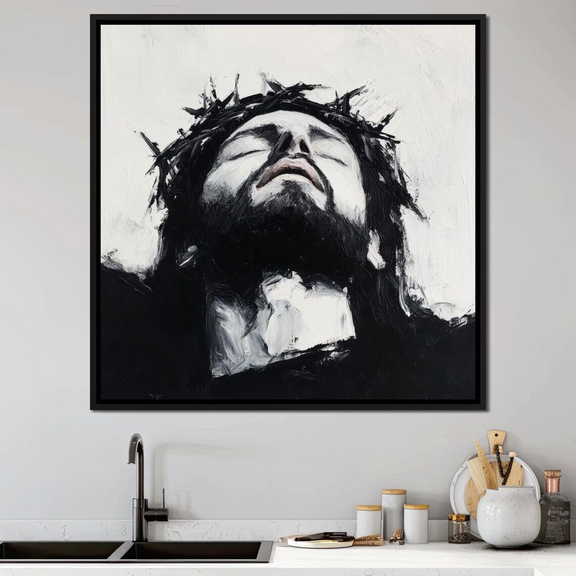 Jesus With Crown Of Thorns Black White Spiritual Faith Portrait Poster - Image 4