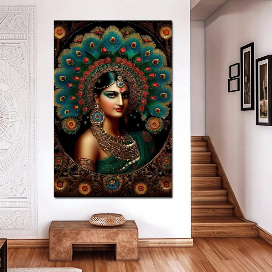 Radha Peacock Feather Headdress Green Sari Gold Jewelry Wall Art Print - Image 2