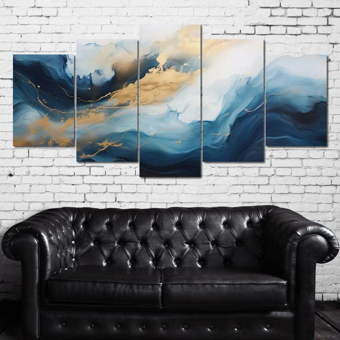 Blue Gold Fluid Marble Wave Five Panel Coastal Abstract Wall Art