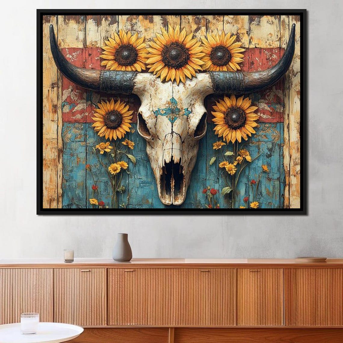 Longhorn Skull Sunflower Wreath Rustic Barn Wood Western Art Print - Image 2